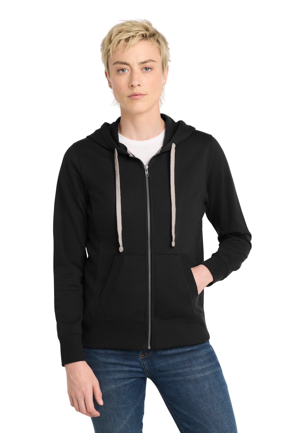 Front View of Black District Women's Re-Fleece Full-Zip Hoodie DT8103