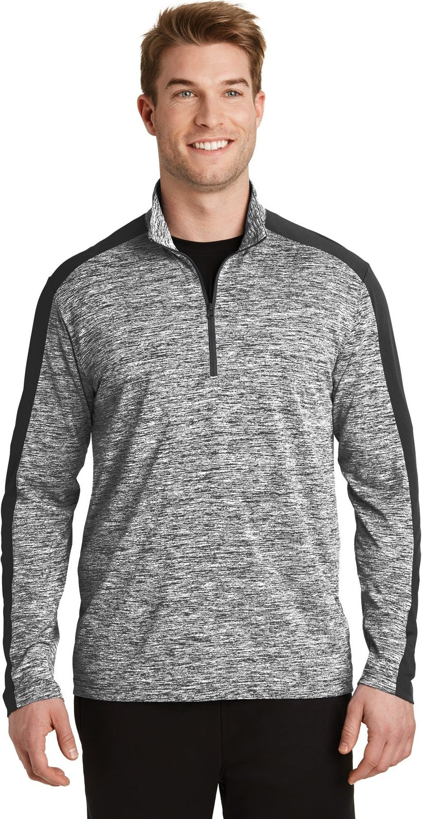 Front View of Black El/Black Sport-Tek PosiCharge Electric Heather Colorblock 1/4-Zip Pullover. ST397
