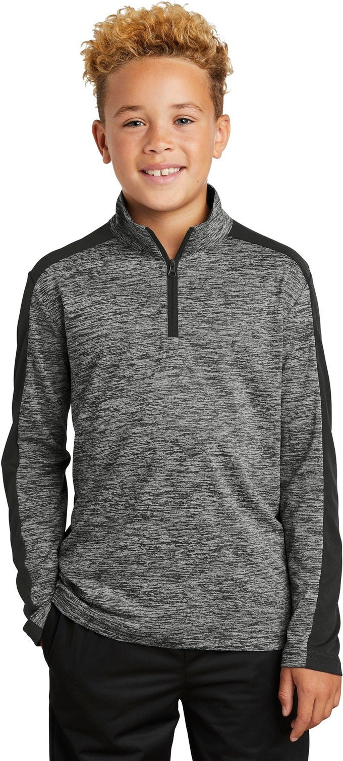 Front View of Black El/Black Sport-Tek Youth PosiCharge Electric Heather Colorblock 1/4-Zip Pullover. YST397