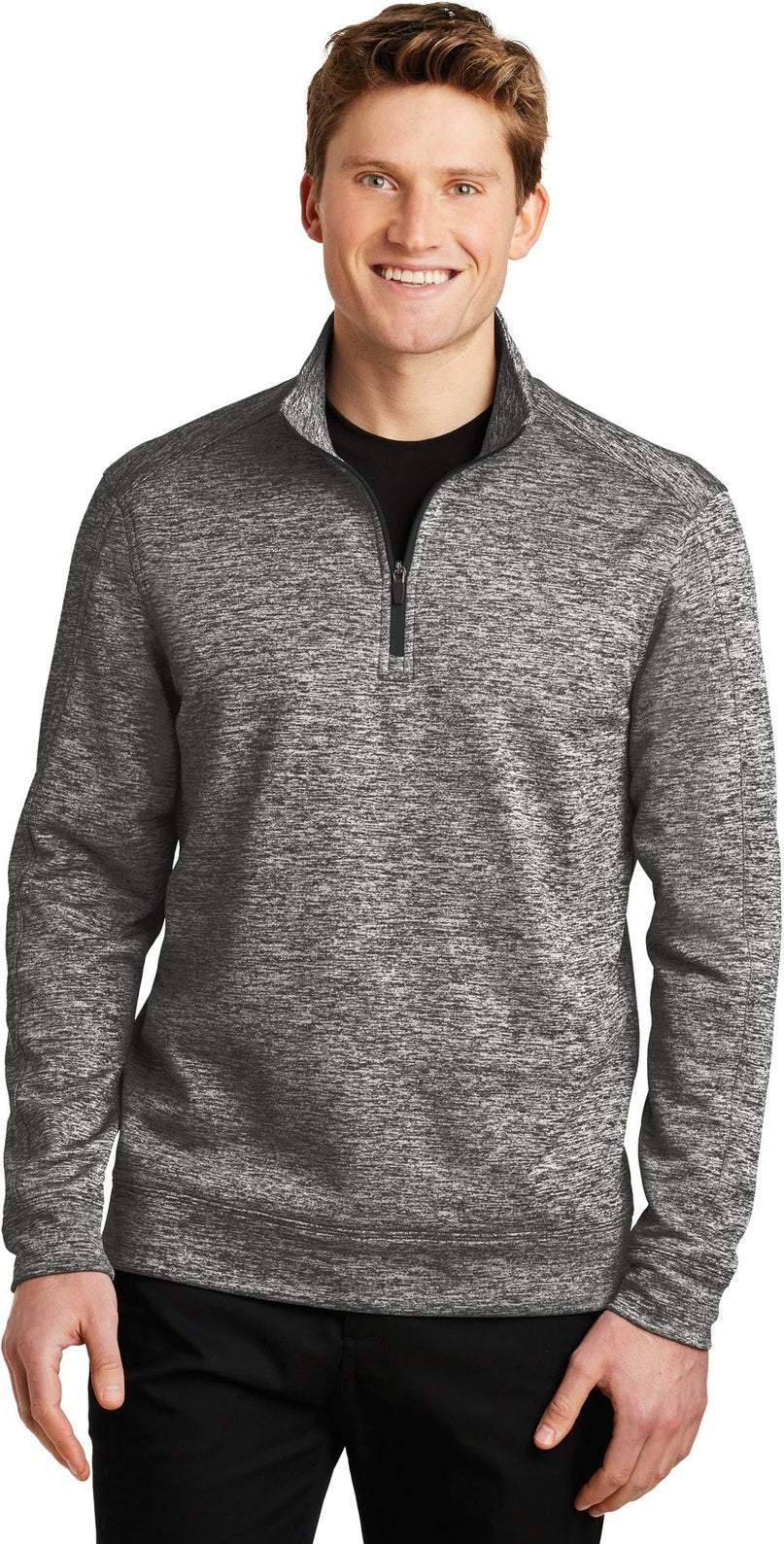 Front View of Black Electric Sport-Tek PosiCharge Electric Heather Fleece 1/4-Zip Pullover. ST226