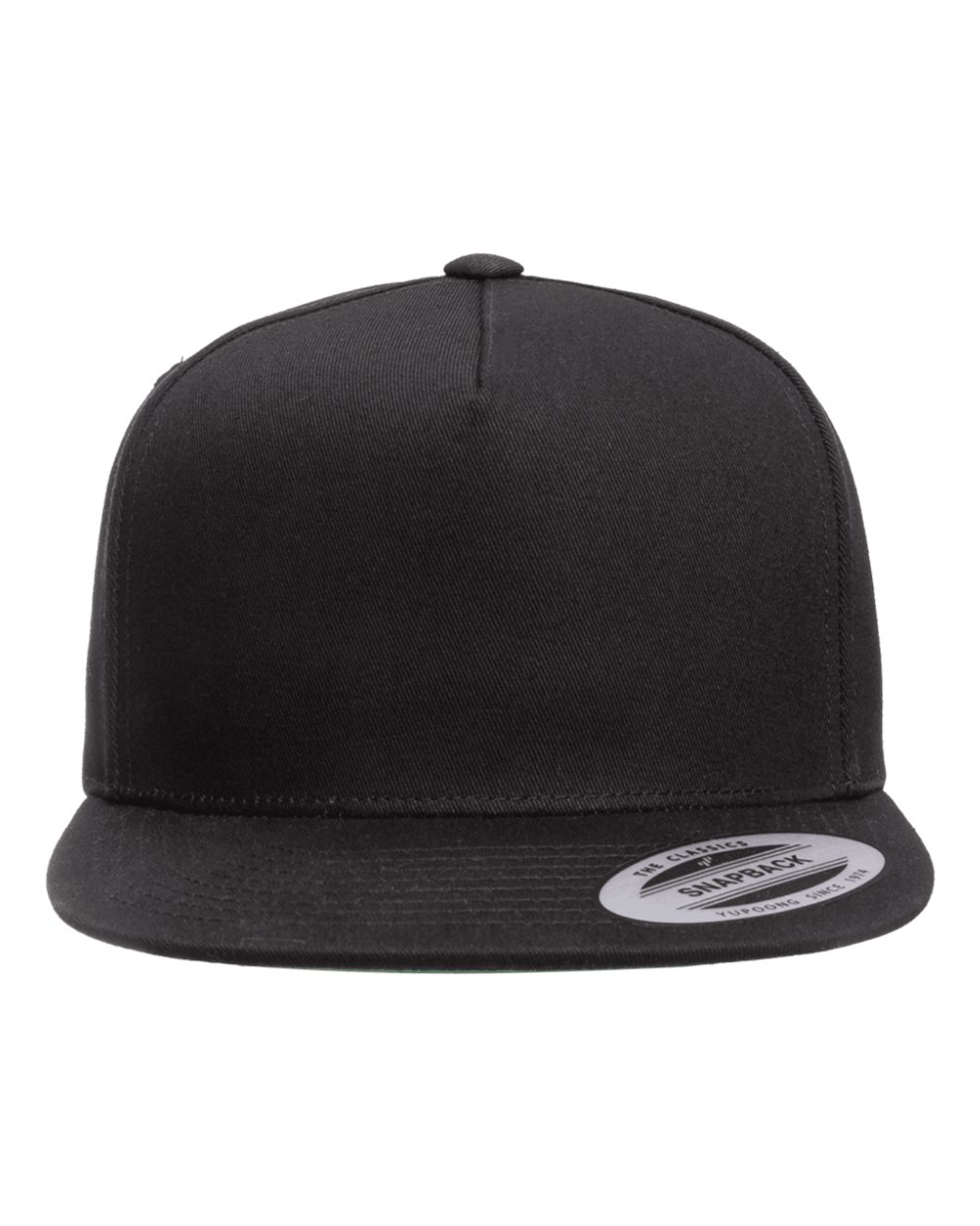 Front View of Black Five-Panel Cotton Twill Snapback Cap - 6007