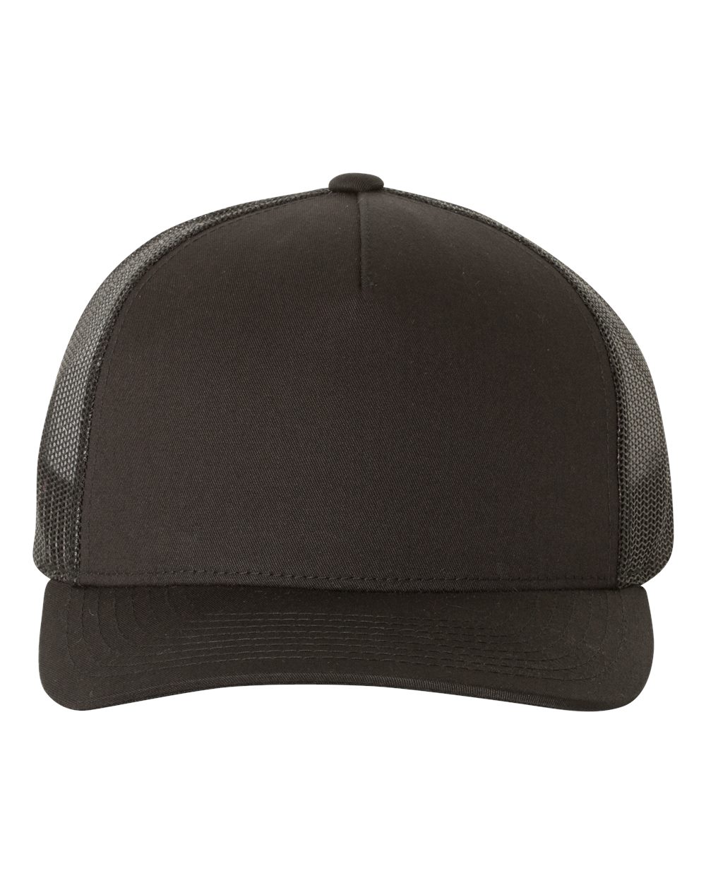 Front View of Black Five-Panel Retro Trucker Cap - 6506