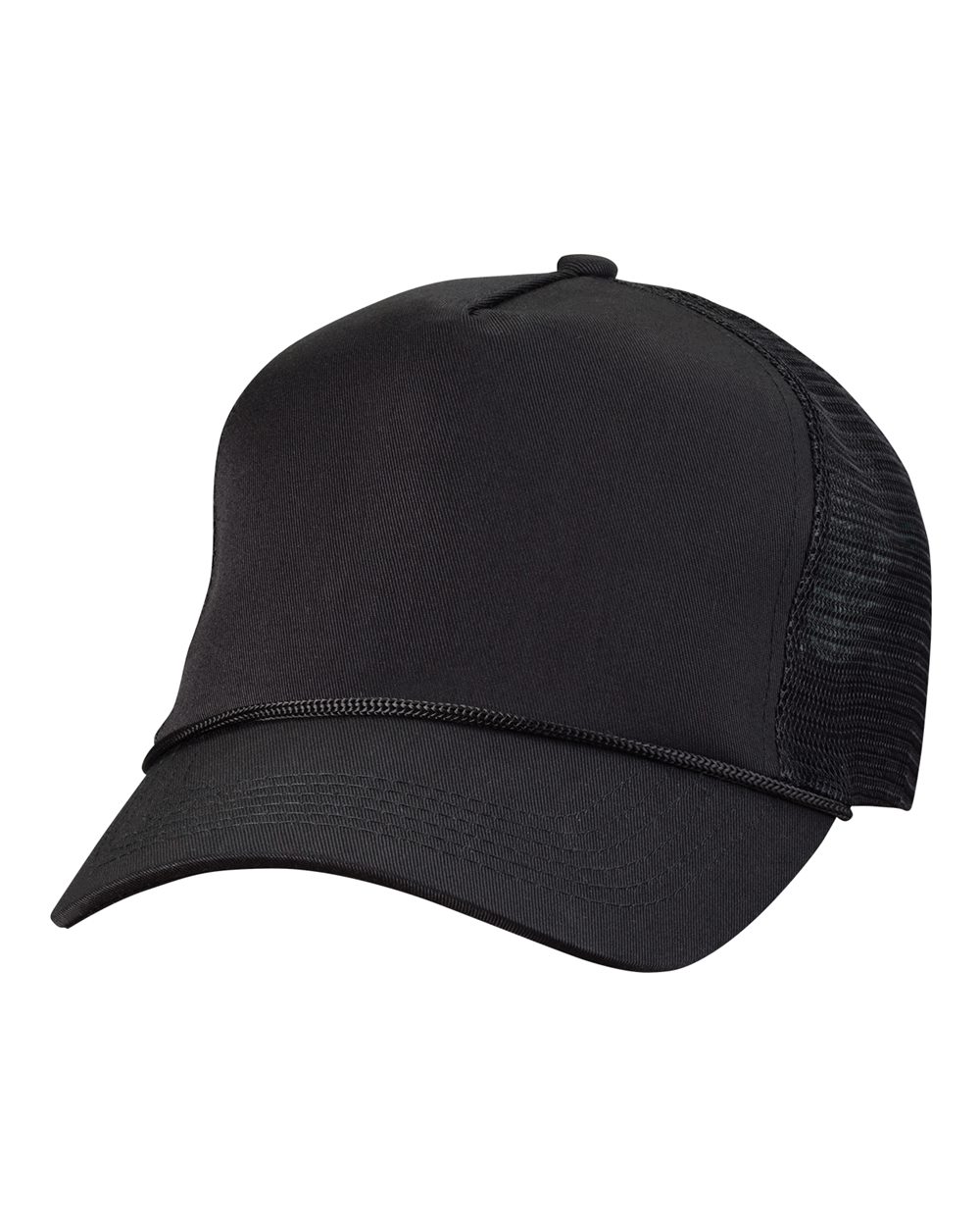 Front View of Black Five-Panel Trucker Cap - 8804H