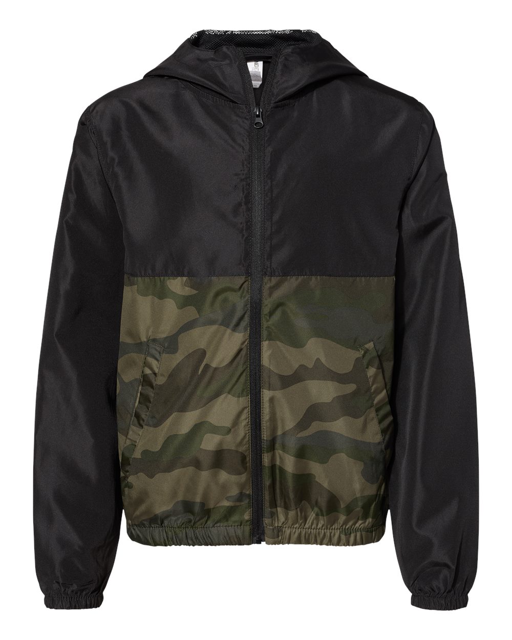 Front View of Black/ Forest Camo Youth Lightweight Windbreaker Full-Zip Jacket - EXP24YWZ