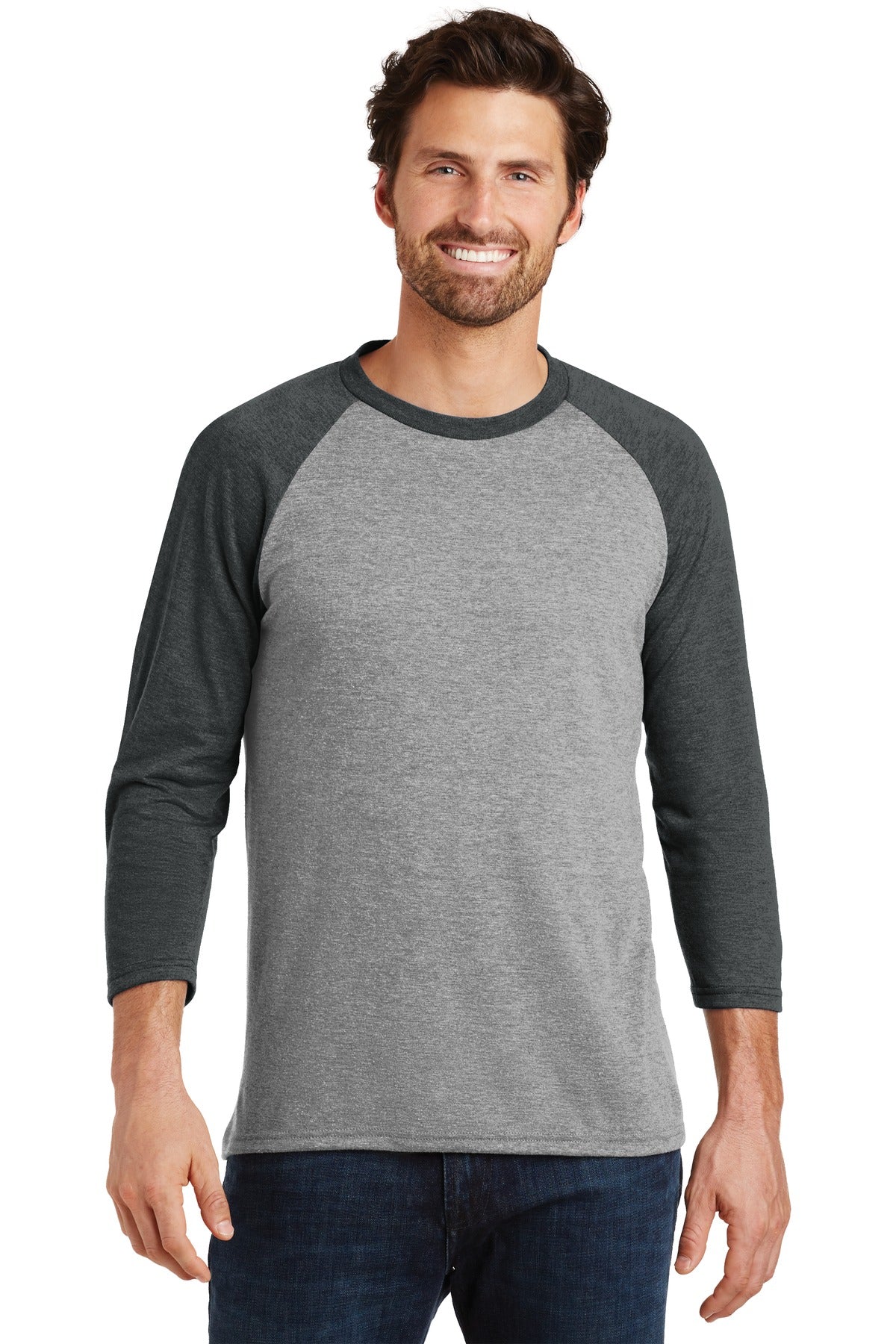 Front View of Black Fr/Gry F District Perfect Tri 3/4-Sleeve Raglan. DM136