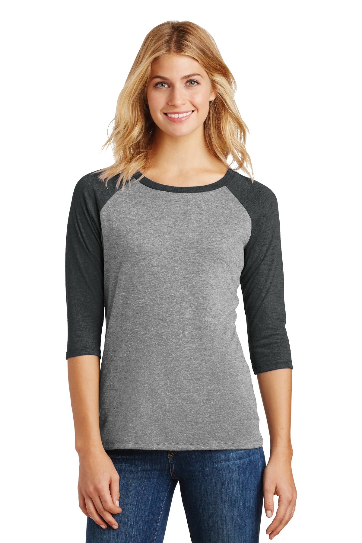 Front View of Black Fr/Gy Fr District Women's Perfect Tri 3/4-Sleeve Raglan. DM136L