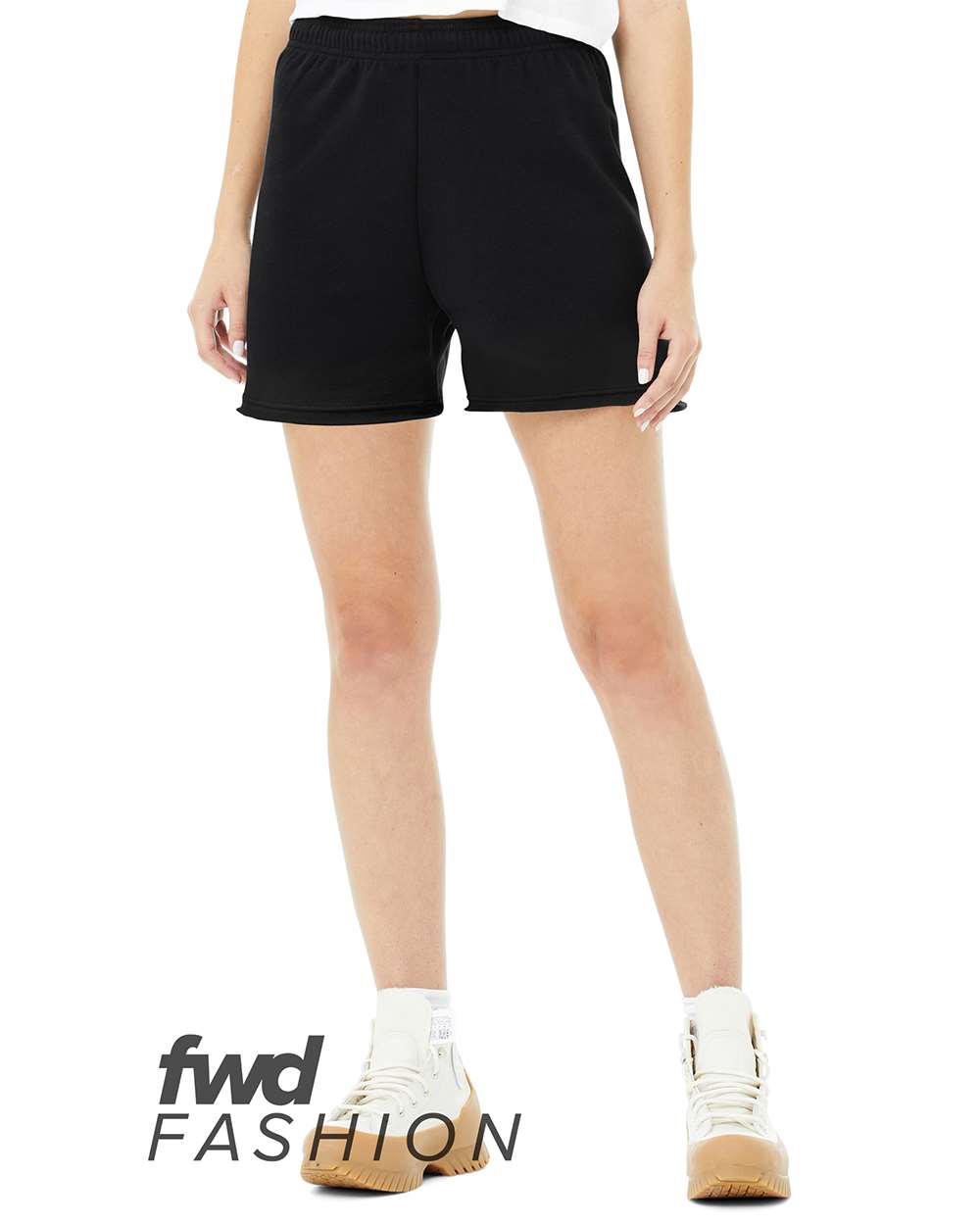 Front View of Black FWD Fashion Women's Cutoff Fleece Shorts - 3797