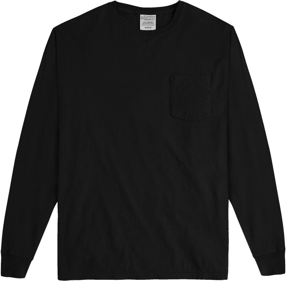 Front View of Black Garment-Dyed Long Sleeve T-Shirt With a Pocket - GDH250
