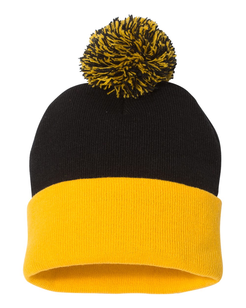 Front View of Black/ Gold 12" Pom-Pom Cuffed Beanie - SP15