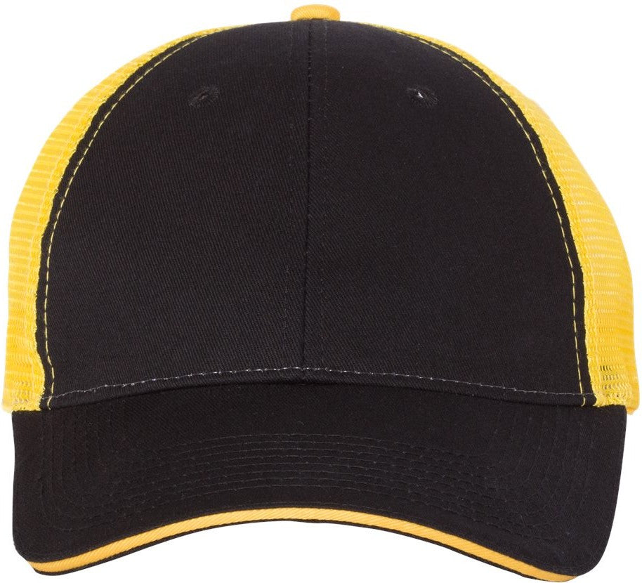 Front View of Black/ Gold Sandwich Trucker Cap - S102