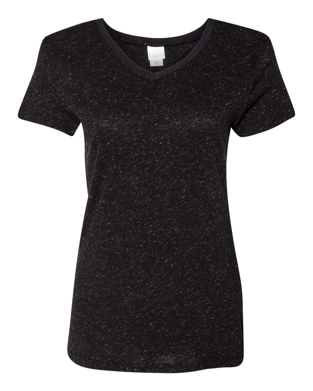 Front View of Black/ Gold Women’s Glitter V-Neck T-Shirt - 8136
