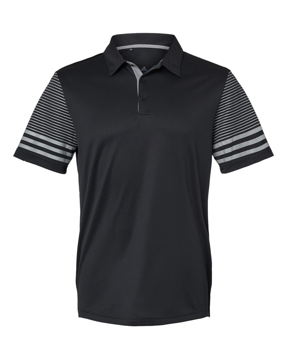 Front View of Black/ Grey Three Striped Sleeve Polo - A490