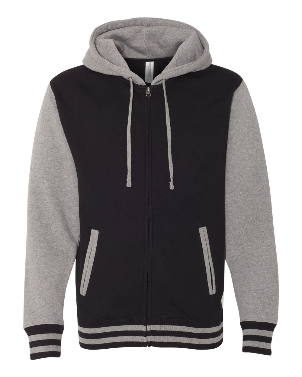 Front View of Black/ Gunmetal Heather Heavyweight Varsity Full-Zip Hooded Sweatshirt - IND45UVZ