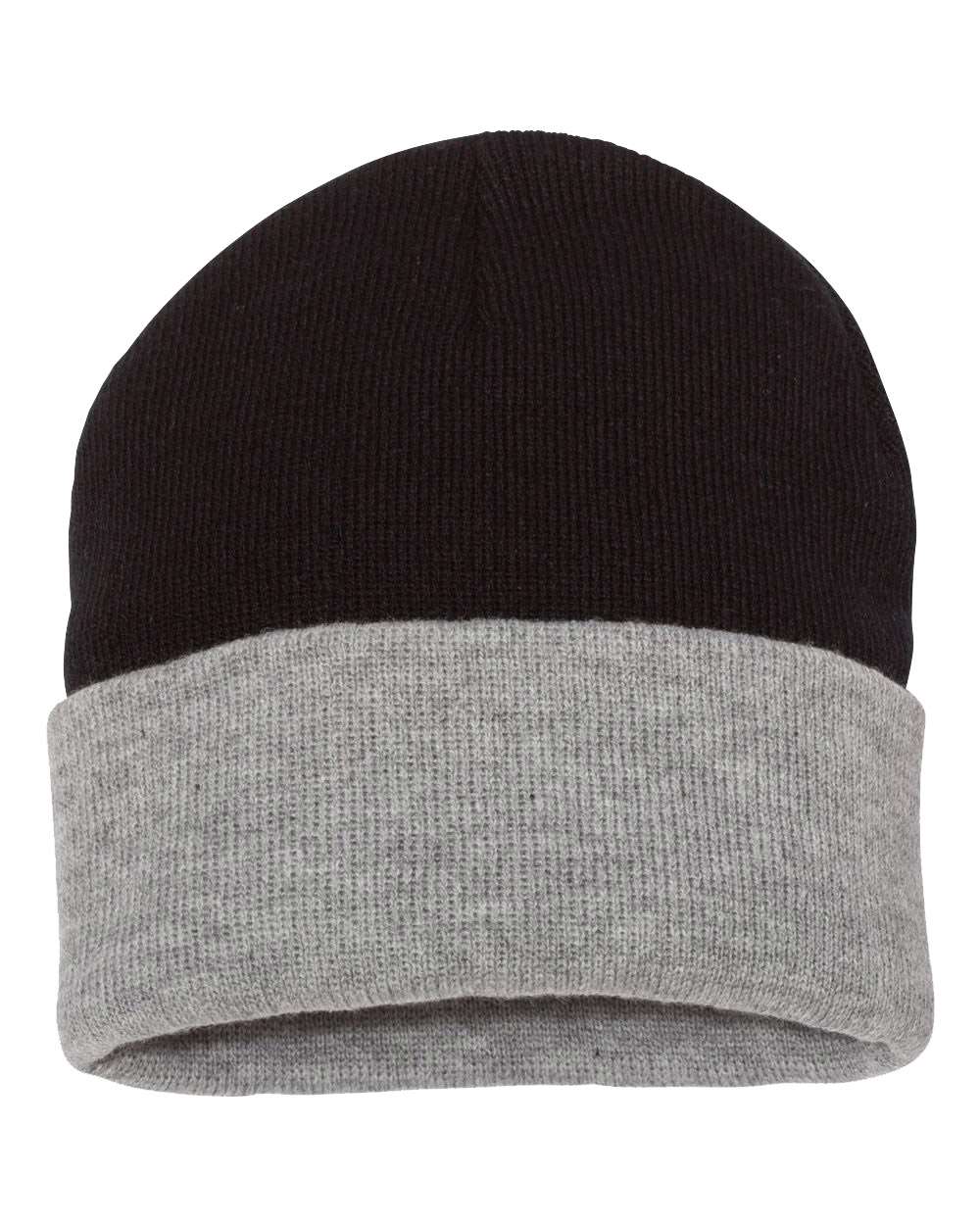 Front View of Black/ Heather 12" Color Blocked Cuffed Beanie - SP12T