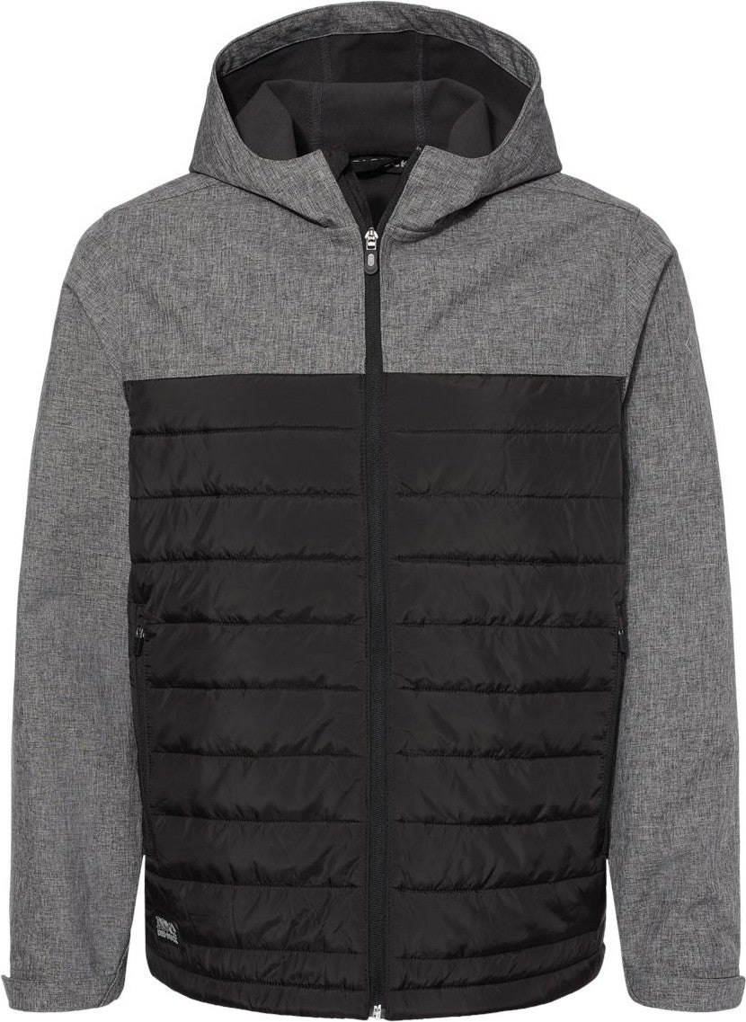 Front View of Black Heather/ Black Pinnacle Soft Shell Puffer Jacket - 5324