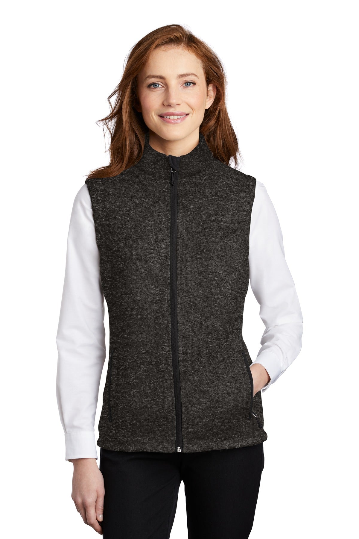 Front View of Black Heather Port Authority Women's Sweater Fleece Vest L236