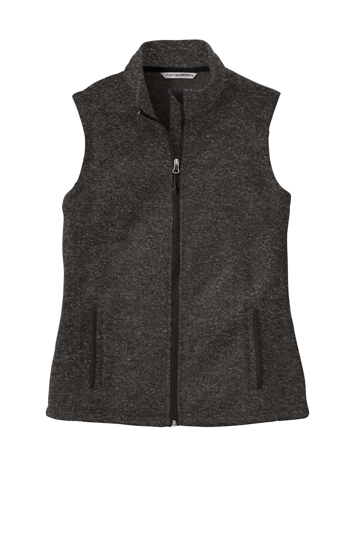 Front View of Black Heather Port Authority Women's Sweater Fleece Vest L236