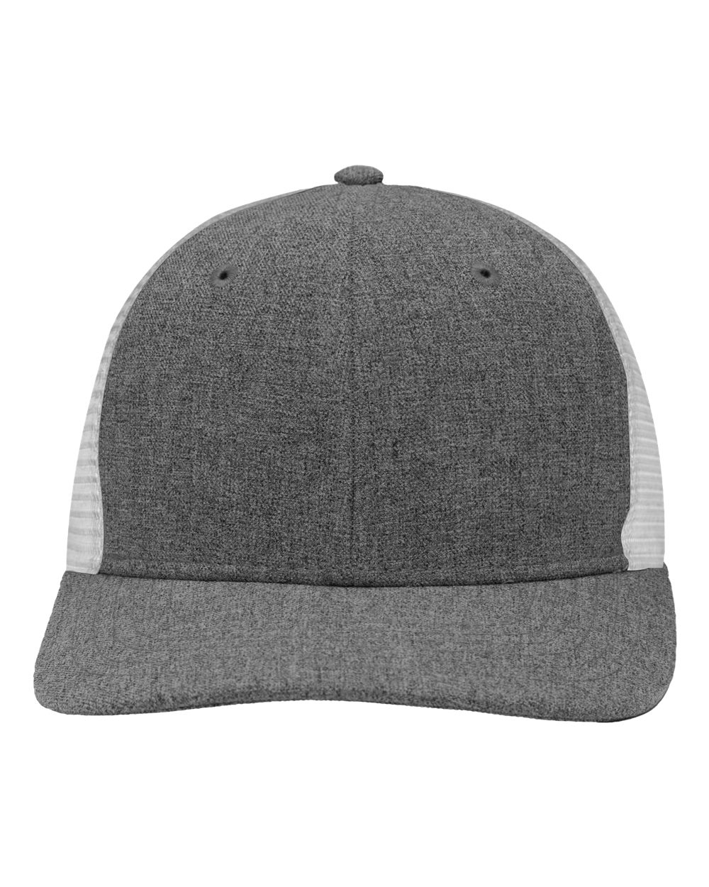 Front View of Black Heather/ White Modern Six-Panel Trucker Fit Cap - SP1650