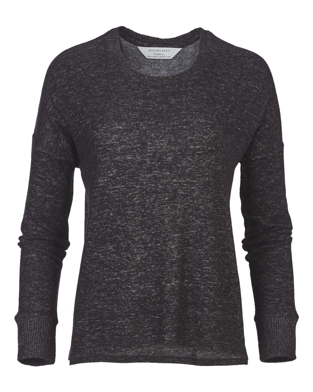 Front View of Black Heather Women's Cuddle Fleece Boxy Crewneck Pullover - L06