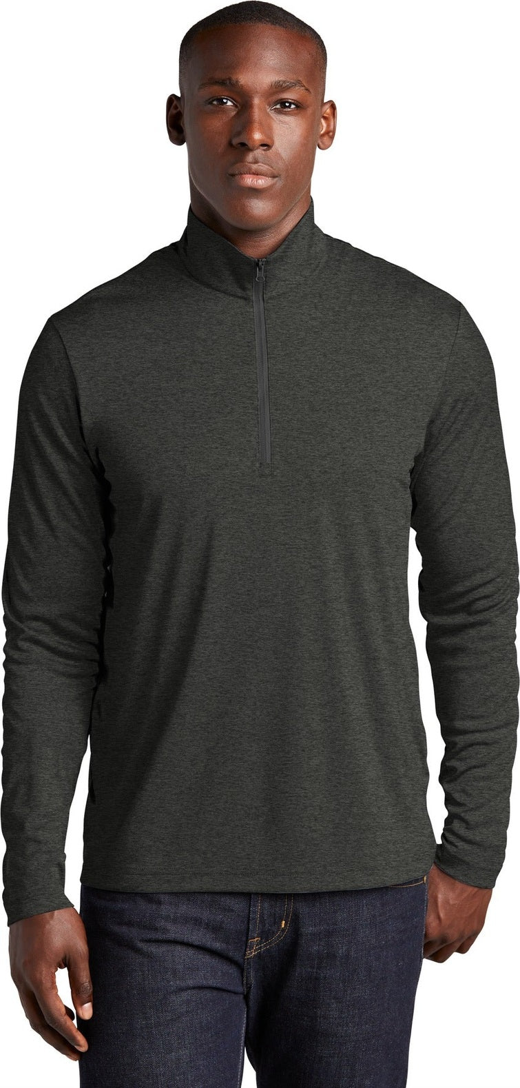 Front View of Black Hthr Sport-Tek Endeavor 1/2-Zip Pullover. ST469