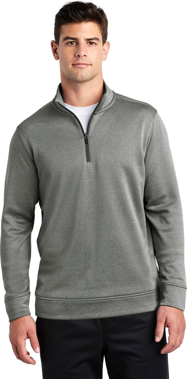 Front View of Black Hthr Sport-Tek PosiCharge Sport-Wick Heather Fleece 1/4-Zip Pullover. ST263