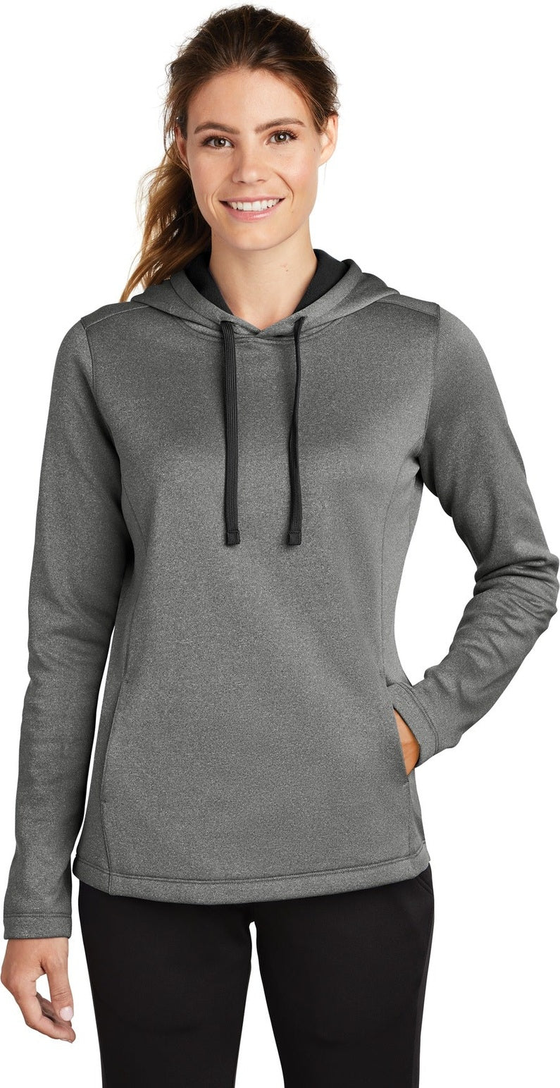Front View of Black Hthr Sport-Tek Women's PosiCharge Sport-Wick Heather Fleece Hooded Pullover. LST264