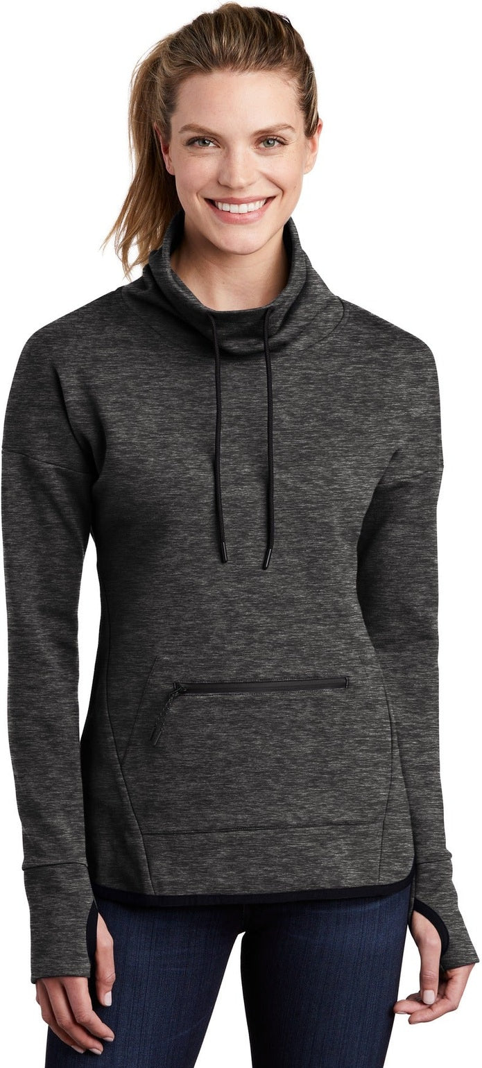 Front View of Black Hthr Sport-Tek Women's Triumph Cowl Neck Pullover LST280