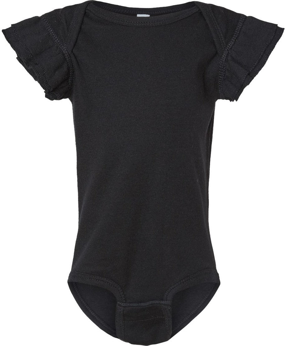Front View of Black Infant Flutter Sleeve Baby Rib Bodysuit - 4439