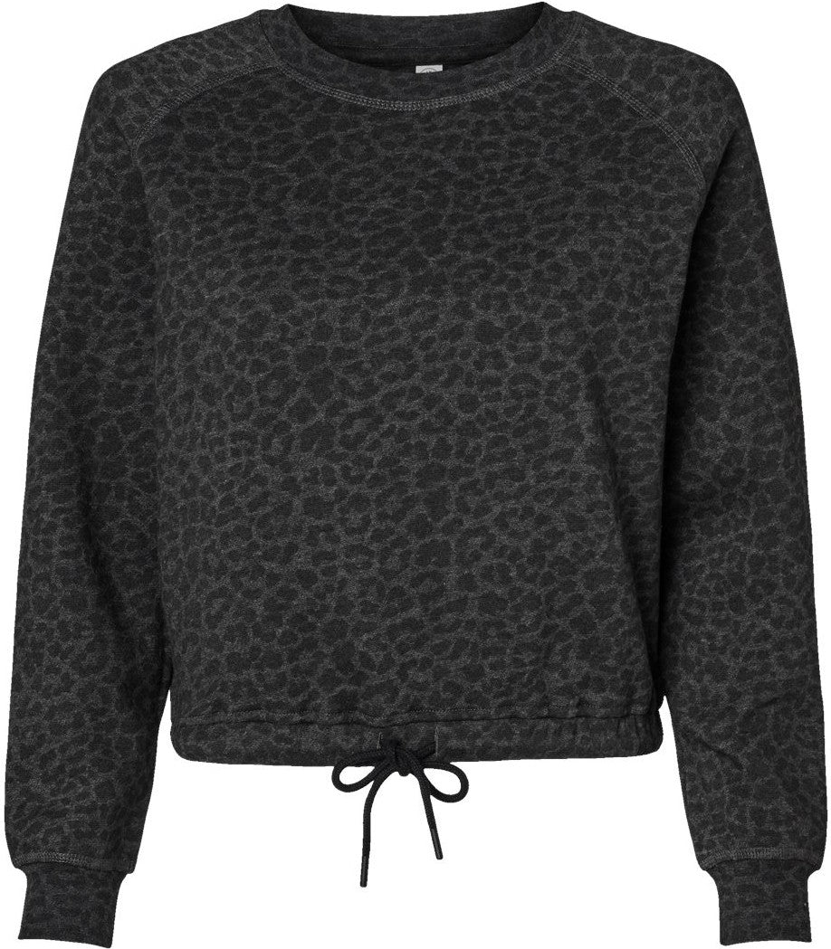Front View of Black Leopard Women's Relaxed 3-End Boxy Fleece Crewneck Sweatshirt - 3528