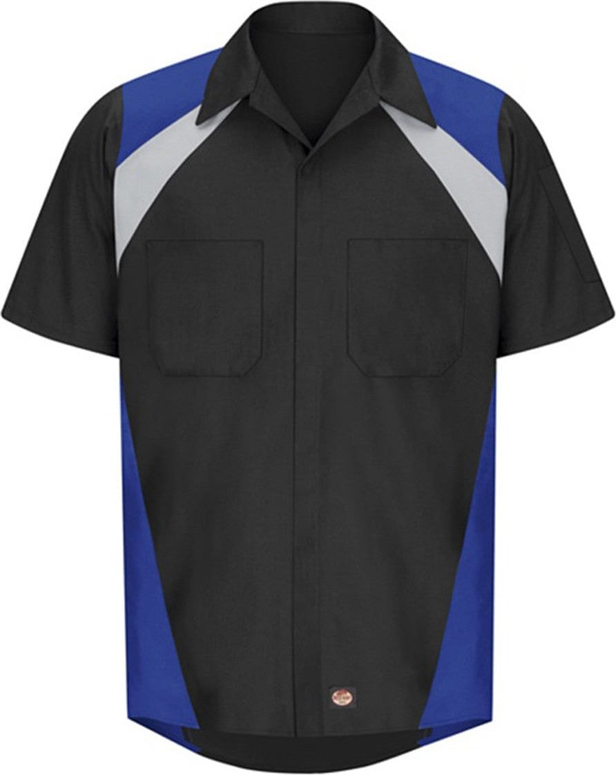 Front View of Black/ Light Grey/ Royal Tri-Color Short Sleeve Shop Shirt - SY28