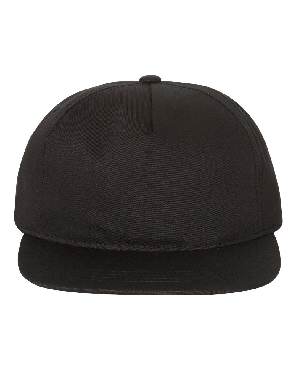 Front View of Black Lightly-Structured Five-Panel Snapback Cap - 6502