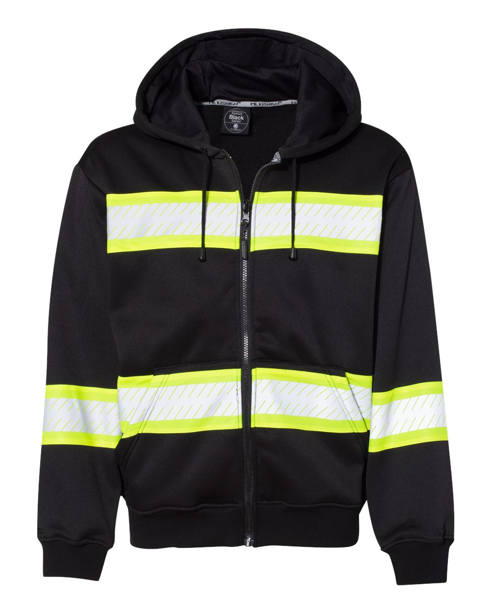Front View of Black/ Lime EV Series® Enhanced Visibility Full-Zip Hooded Sweatshirt - B310-313