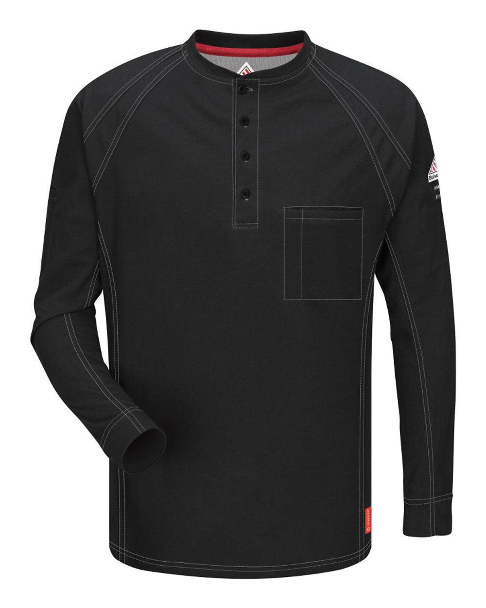 Front View of Black Long Sleeve Henley - QT20