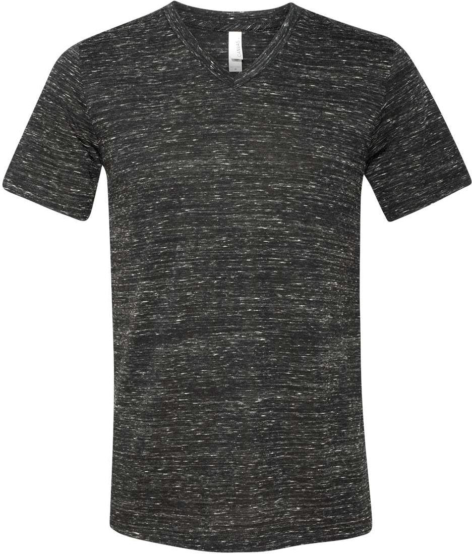 Front View of Black Marble Textured Jersey V-Neck Tee - 3655