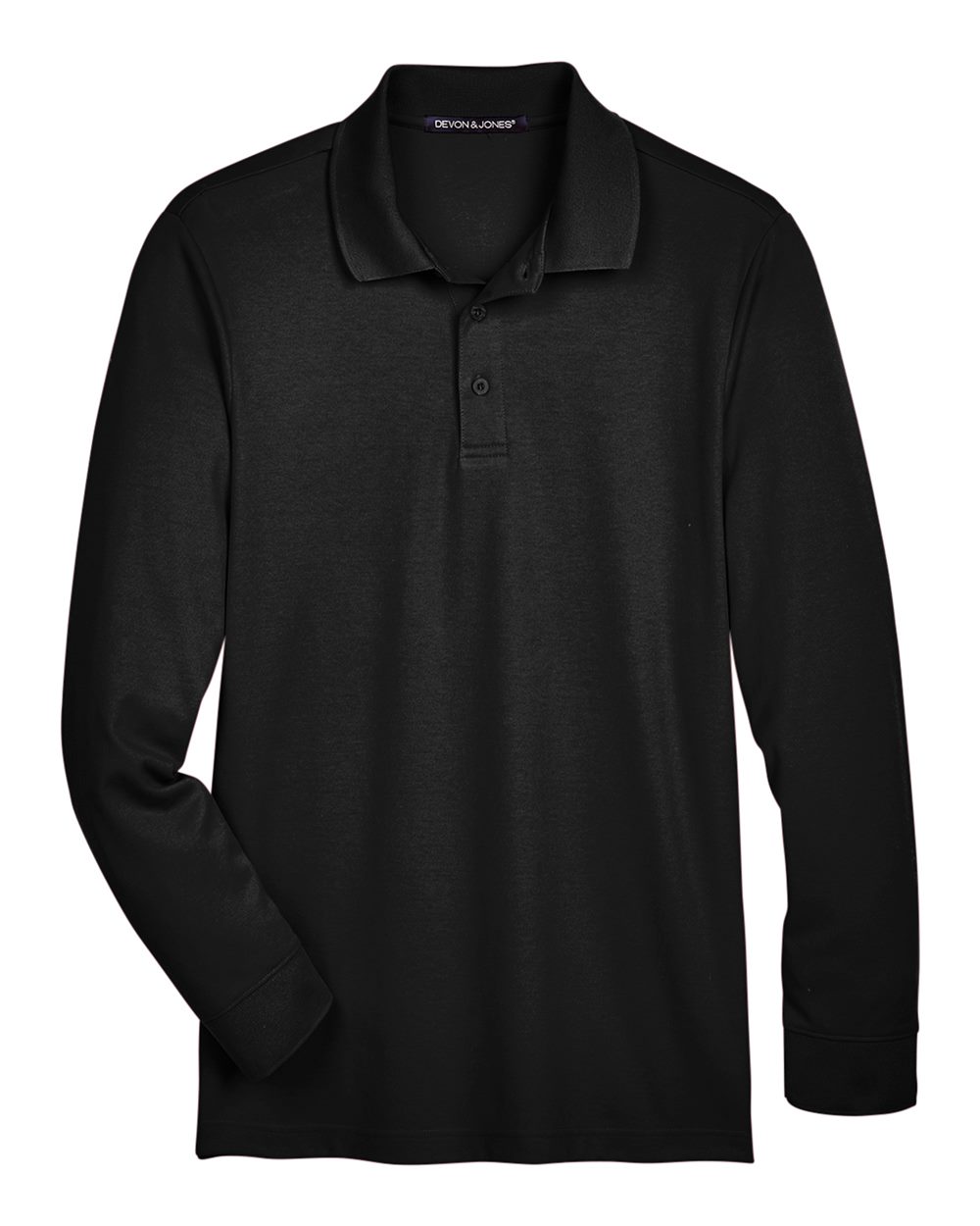 Front View of Black Men's CrownLux Performance® Plaited Long Sleeve Polo - DG20L