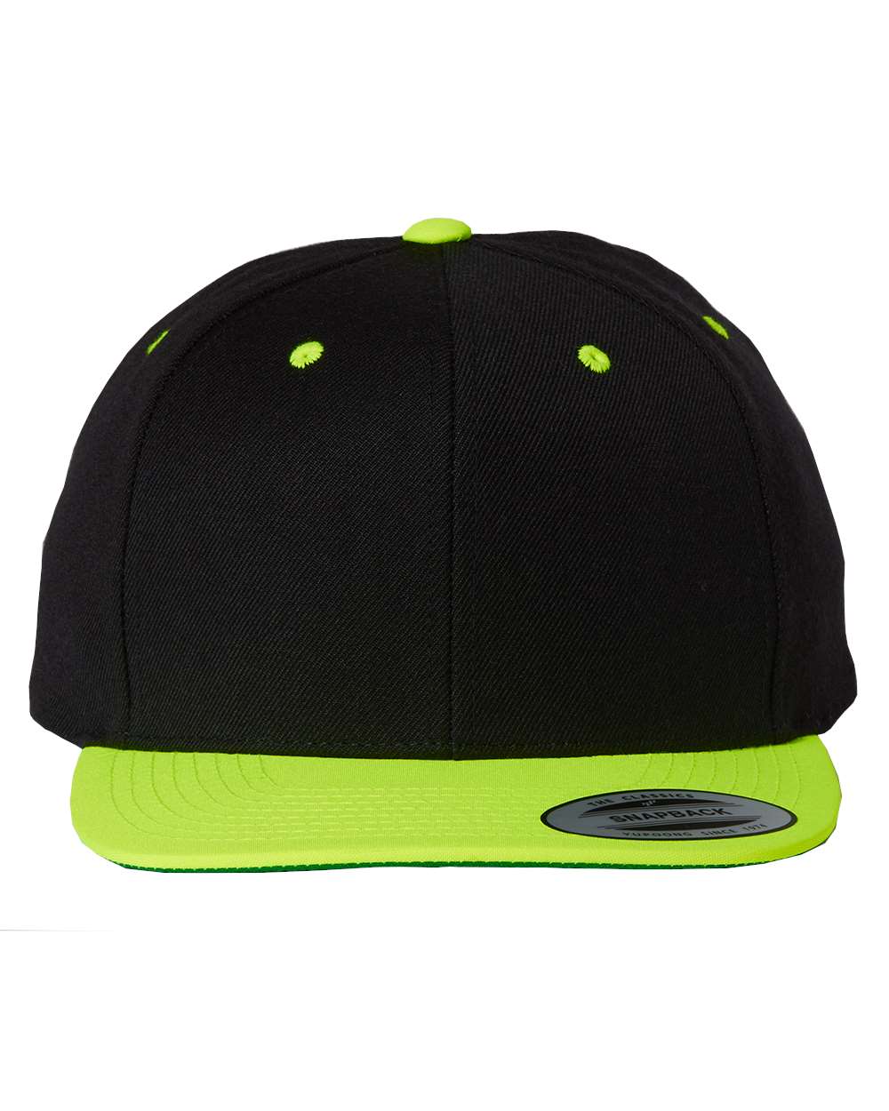 Front View of Black/ Neon Green Premium Flat Bill Snapback Cap - 6089M