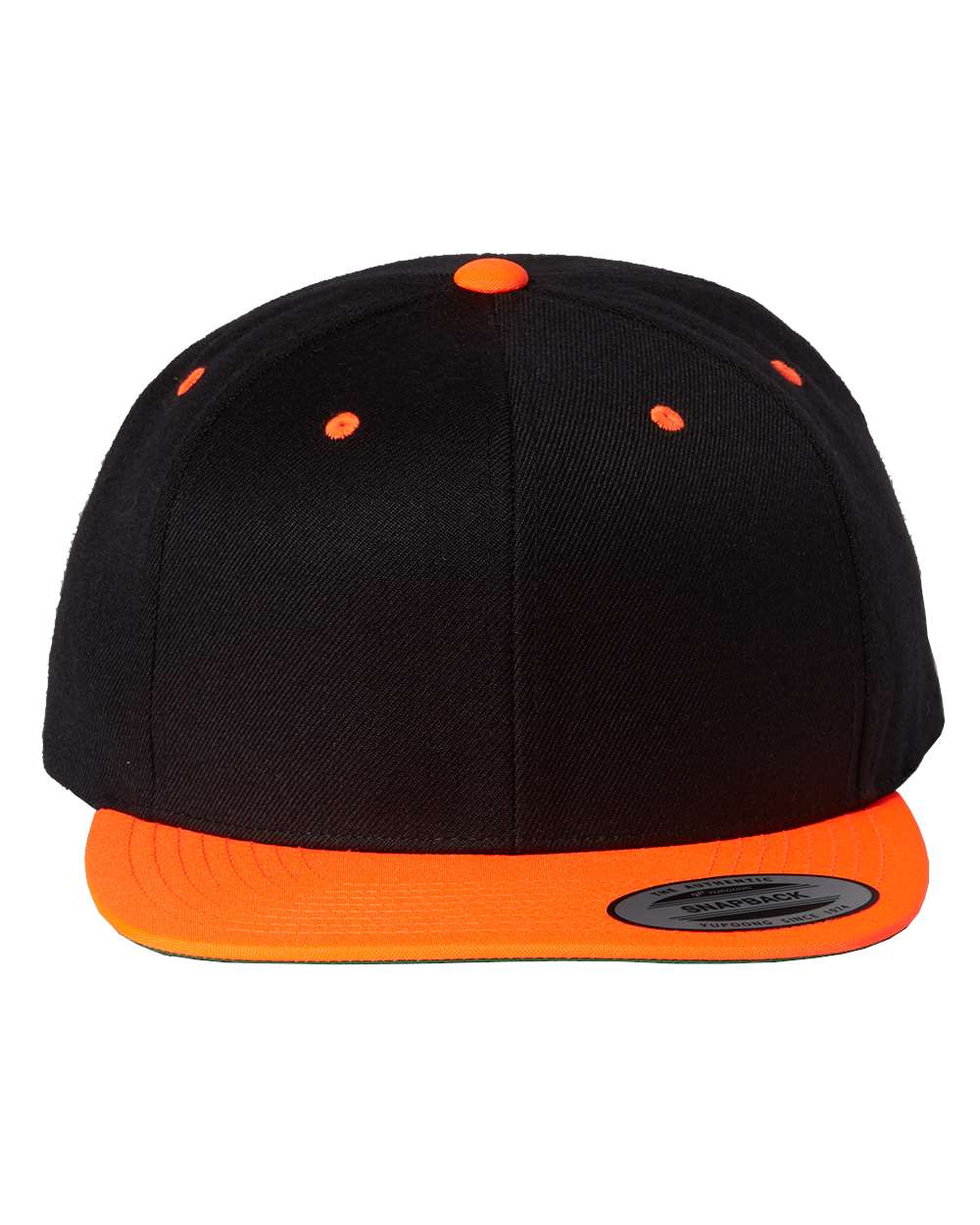 Front View of Black/ Neon Orange Premium Flat Bill Snapback Cap - 6089M