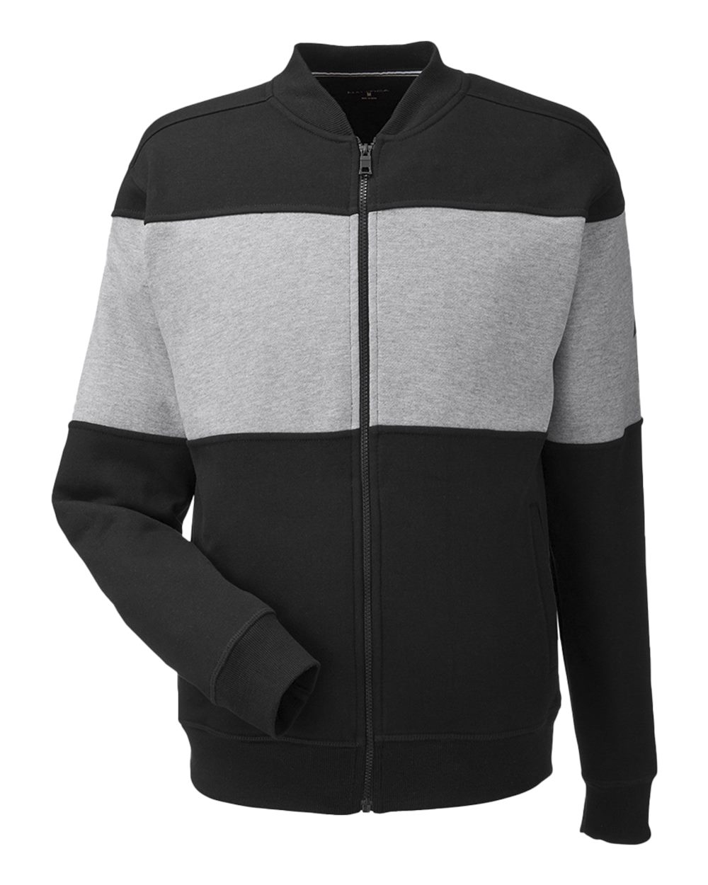 Front View of Black/ Oxford Heather Anchor Fleece Colorblocked Bomber Jacket - N17928