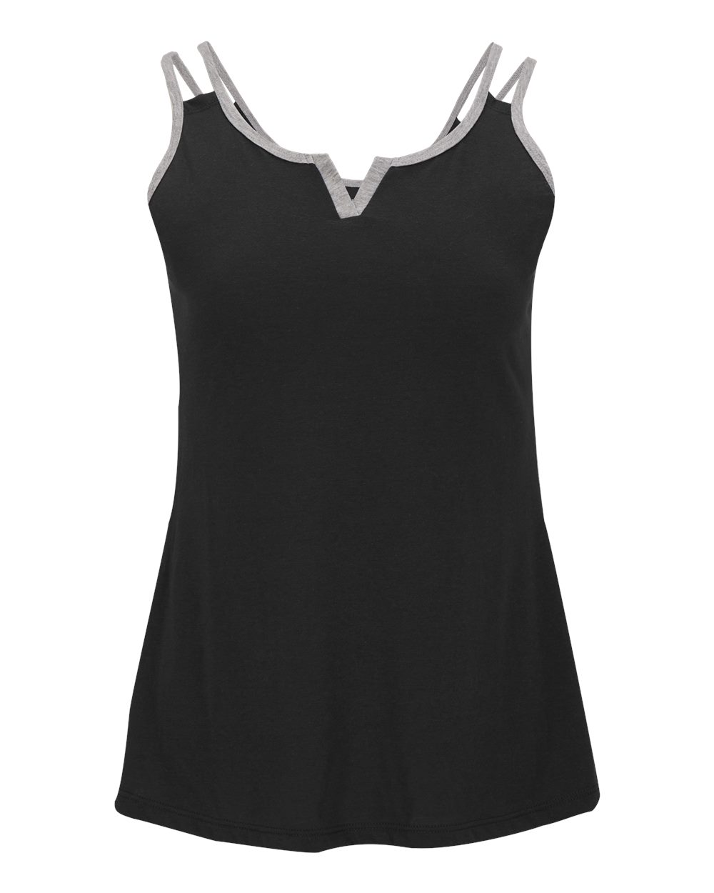 Front View of Black/ Oxford Heather Women&#39;s Split Shoulder Tank Top - BW2506