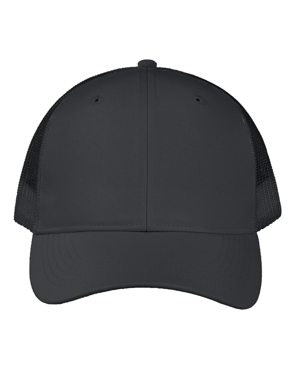 Front View of Black Poly Twill Trucker Cap - VC955 plain