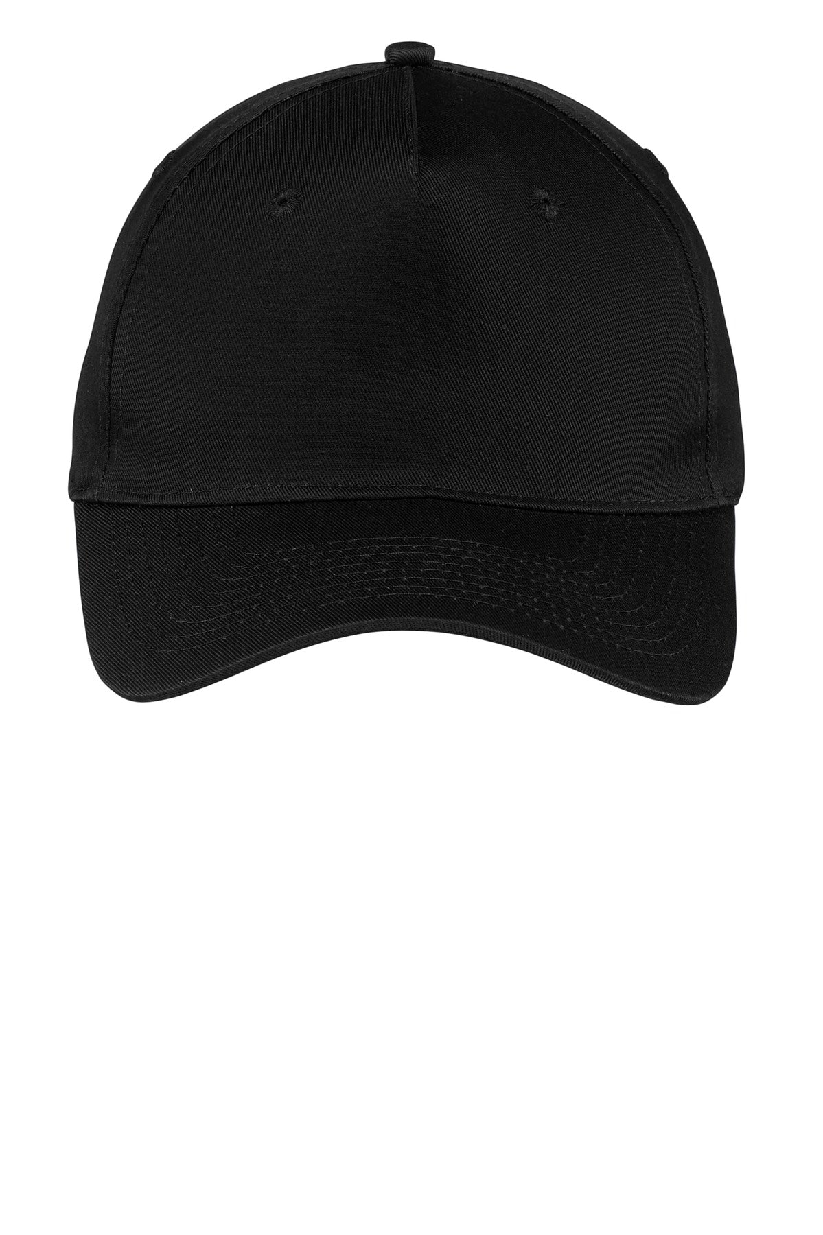Front View of Black Port Authority Five-Panel Twill Cap. CP86