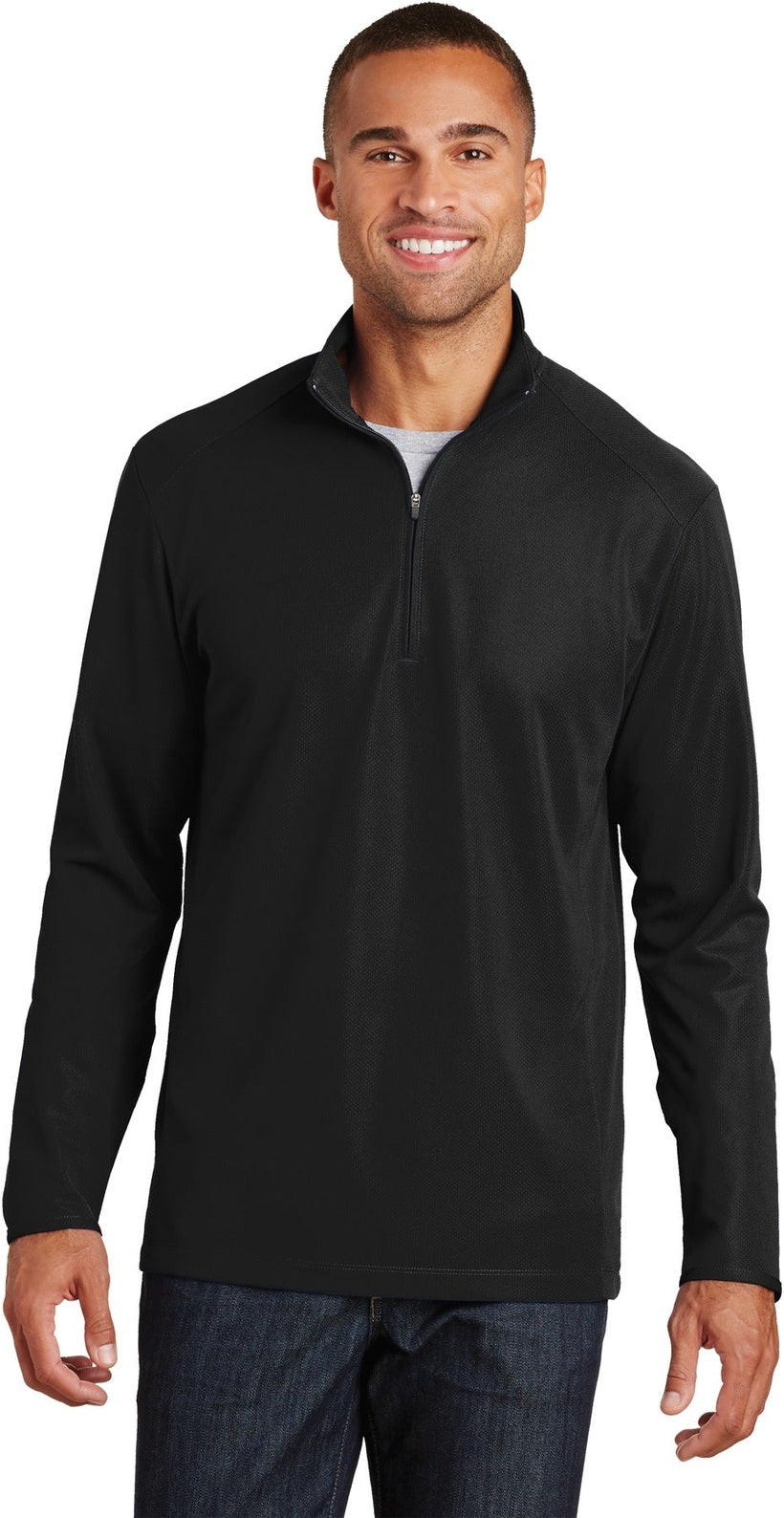 Front View of Black Port Authority Pinpoint Mesh 1/2-Zip. K806