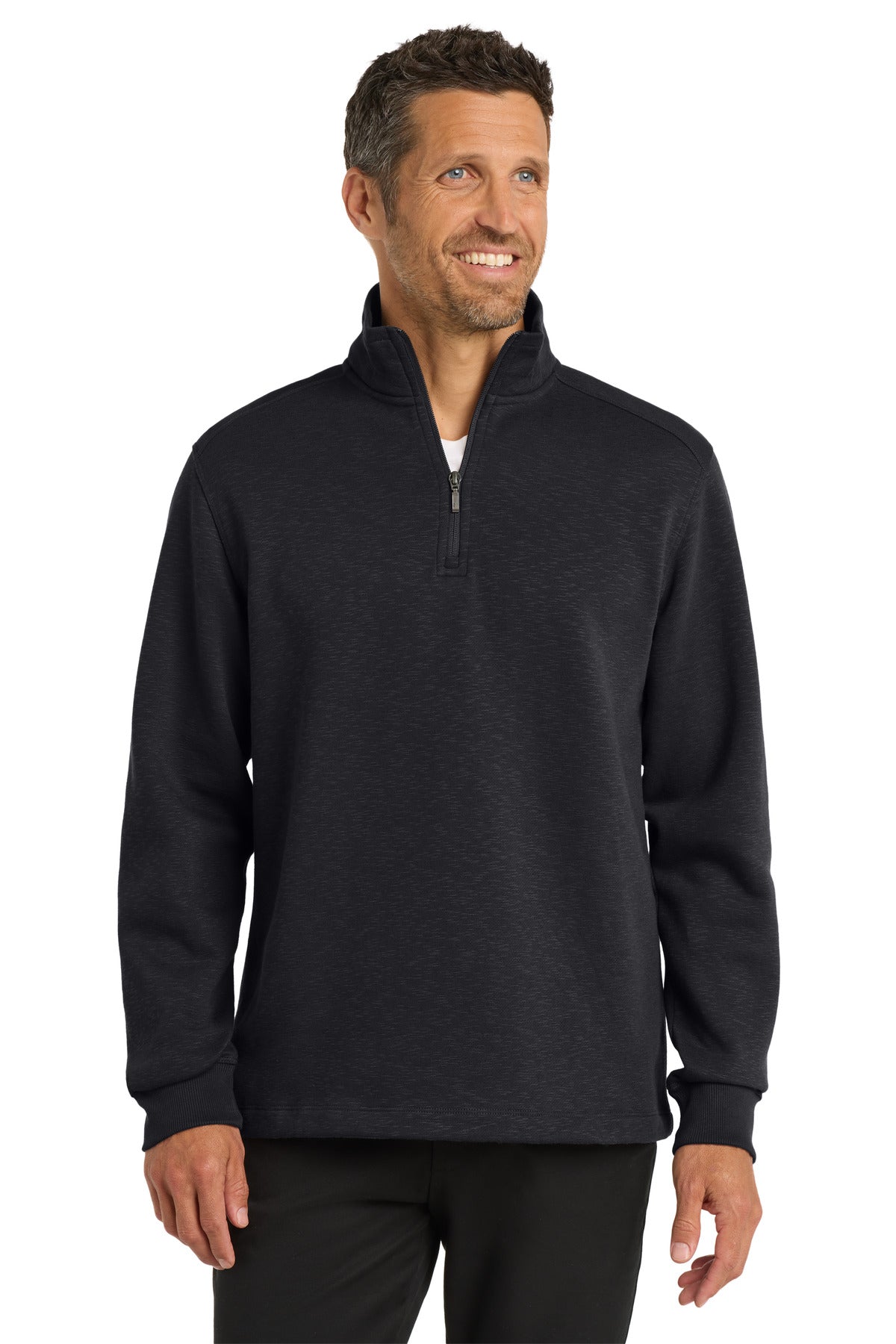 Front View of Black Port Authority Slub Fleece 1/4-Zip Pullover. F295