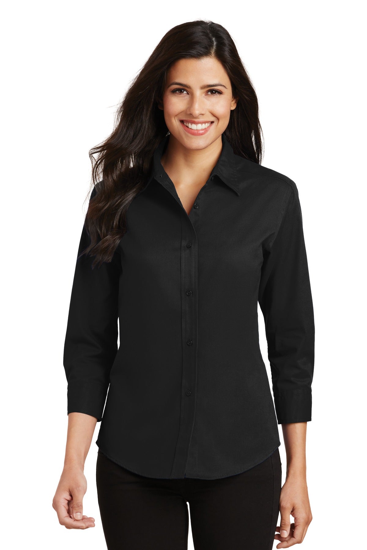 Front View of Black Port Authority Women's 3/4-Sleeve Easy Care Shirt. L612