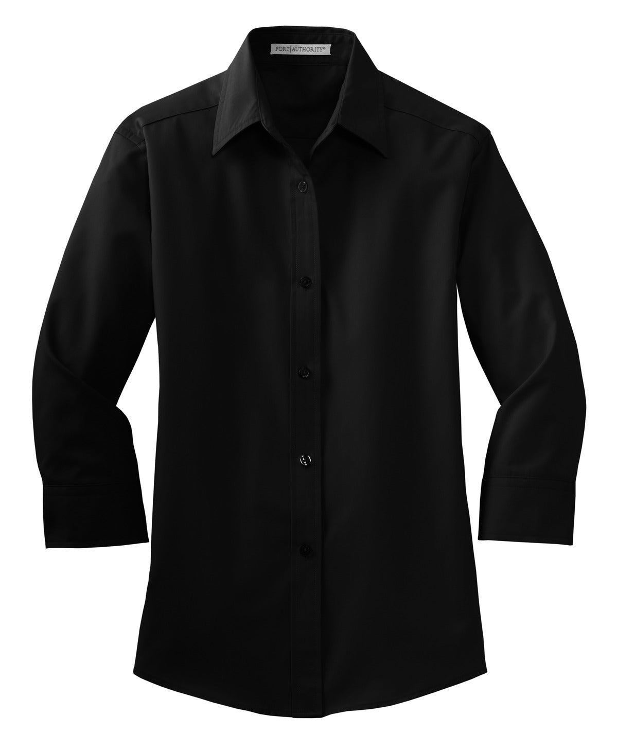 Front View of Black Port Authority Women's 3/4-Sleeve Easy Care Shirt. L612