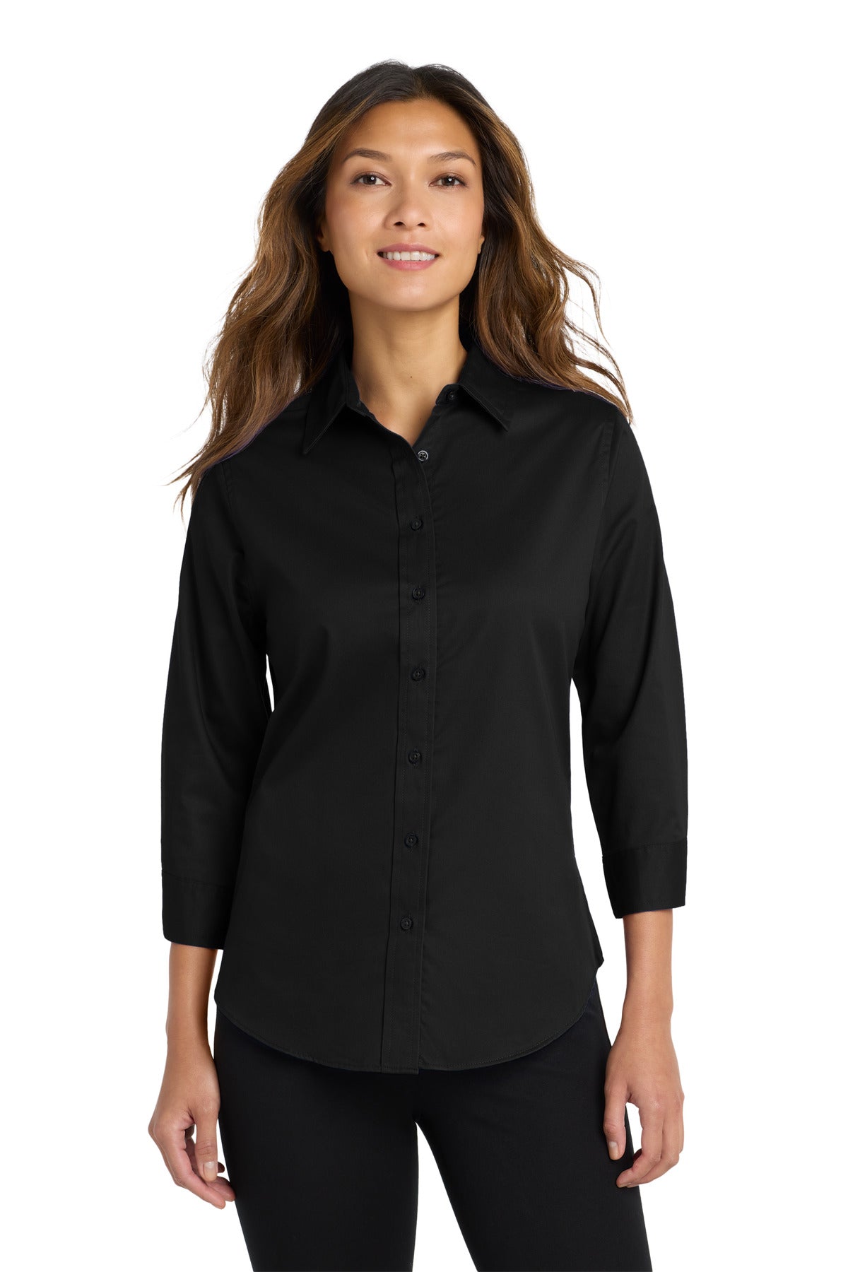 Front View of Black Port Authority Women's 3/4-Sleeve Easy Care Shirt. L612