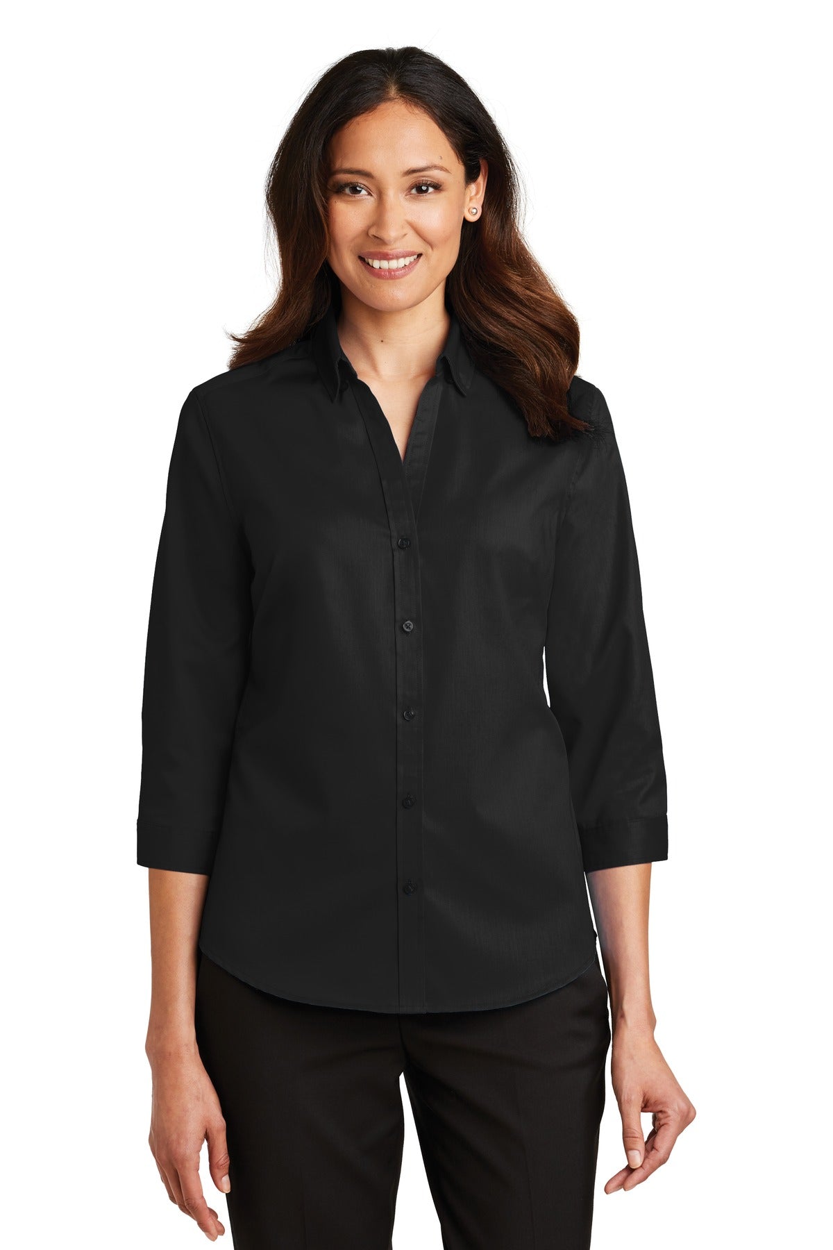 Front View of Black Port Authority Women's 3/4-Sleeve SuperPro Twill Shirt. L665