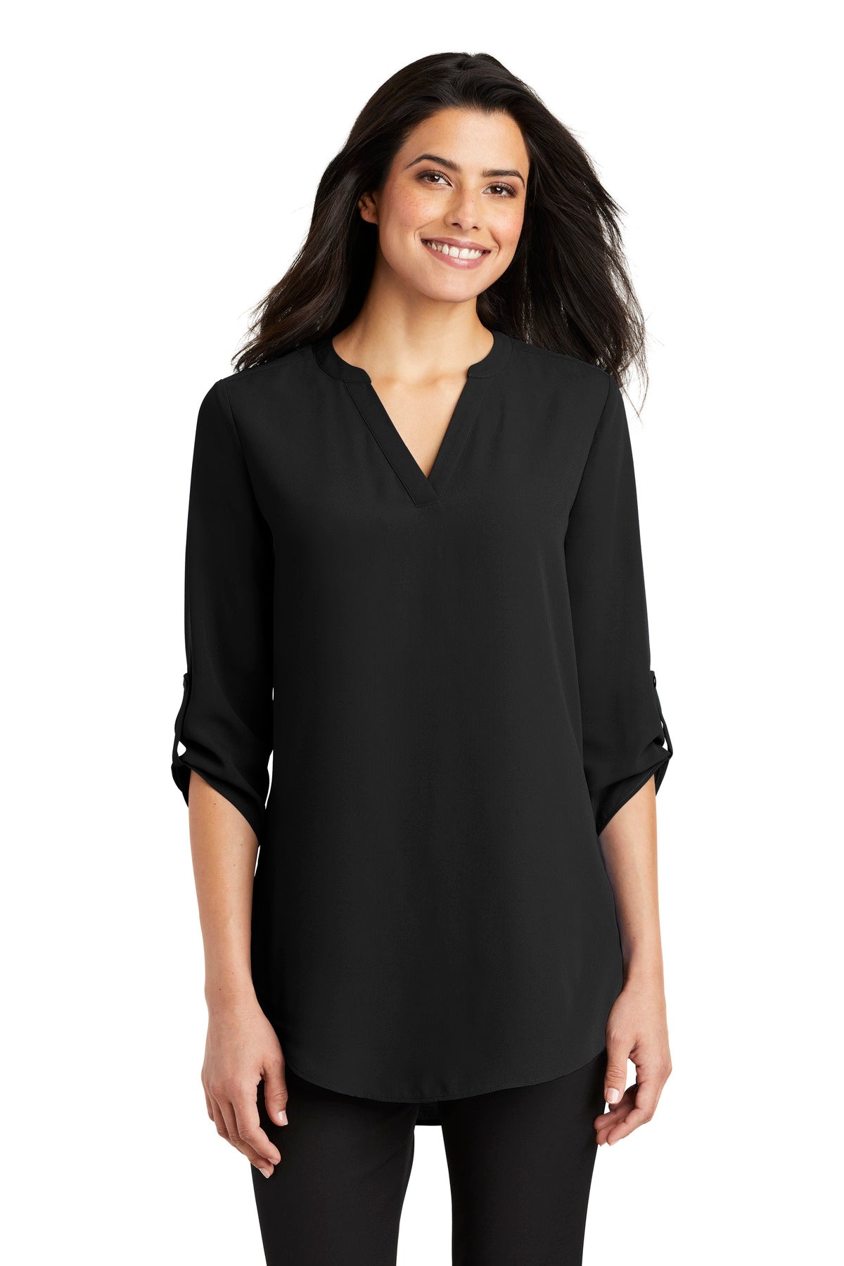Front View of Black Port Authority Women's 3/4-Sleeve Tunic Blouse. LW701