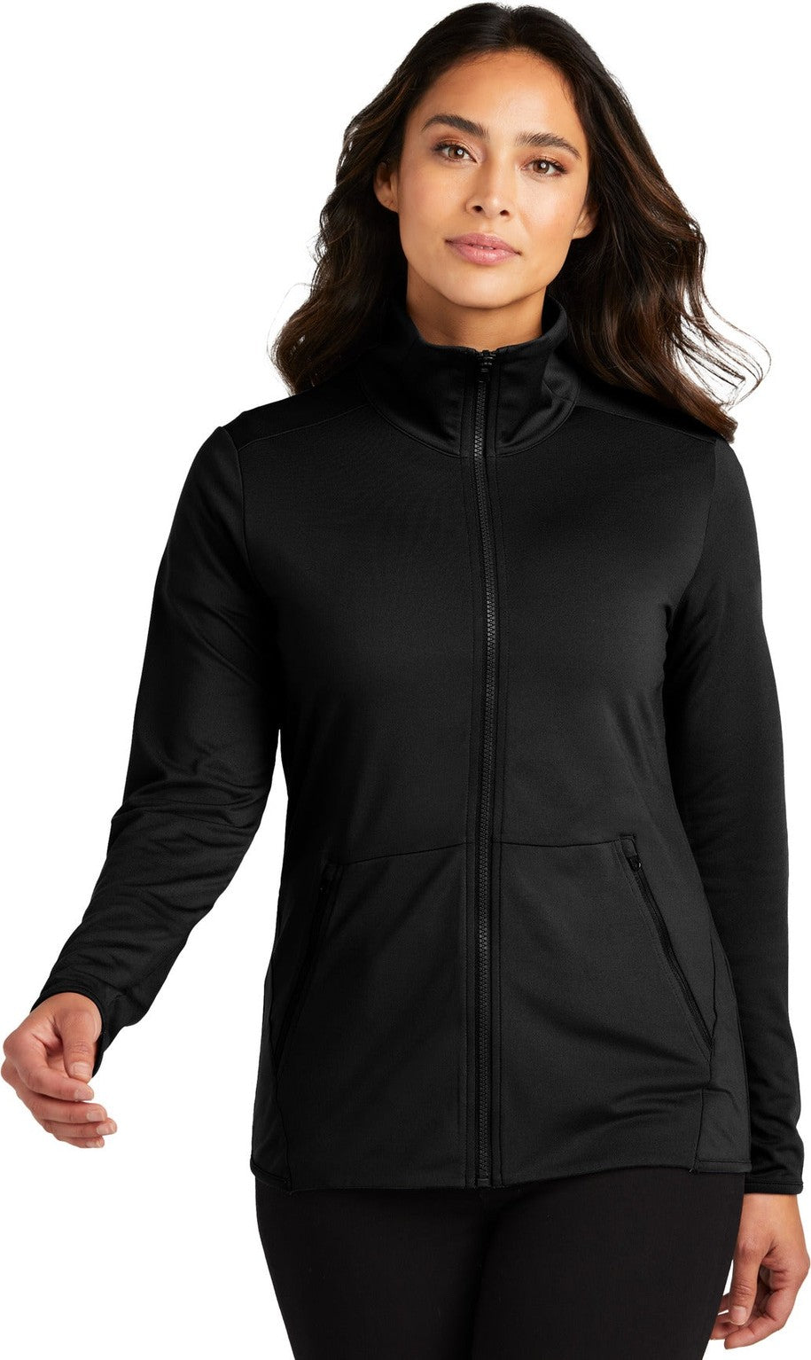 Front View of Black Port Authority Women's Accord Stretch Fleece Full-Zip LK595
