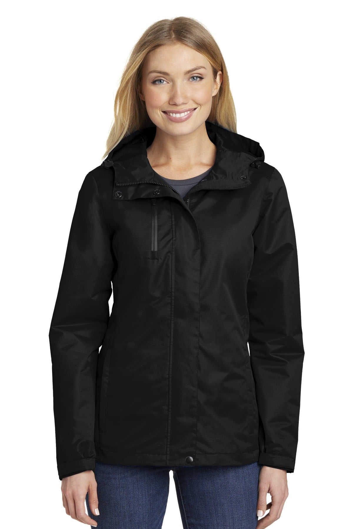 Front View of Black Port Authority Women's All-Conditions Jacket. L331